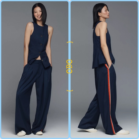 Anthropologie Avery Pleated Wide-Leg Trousers by Maeve: Pinstripe Track Edition - Picture 2 of 6